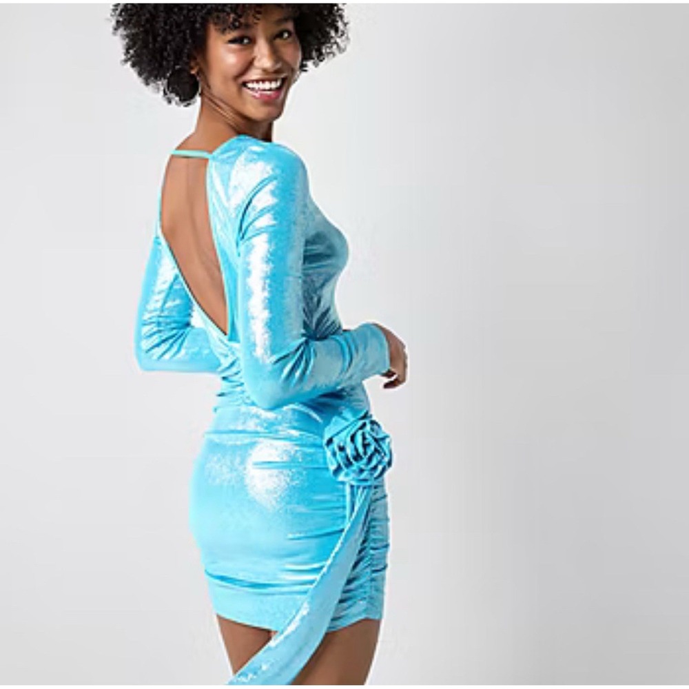 Johnny Wujek Women's Size XS Blue Shimmer Rose Mini Dress Party Long sleeve